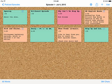 Index Card iPad app showing color-coded status of each segment in podcast episode.